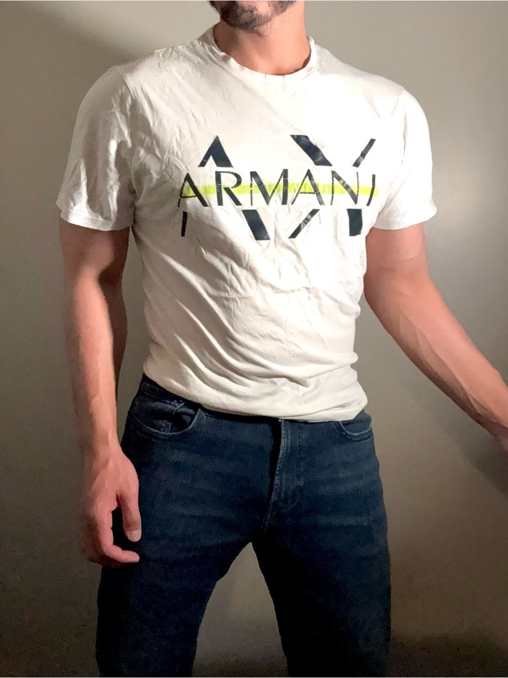 Armani Exchange Off-White Crewneck T-Shirt with Navy and Yellow Logo